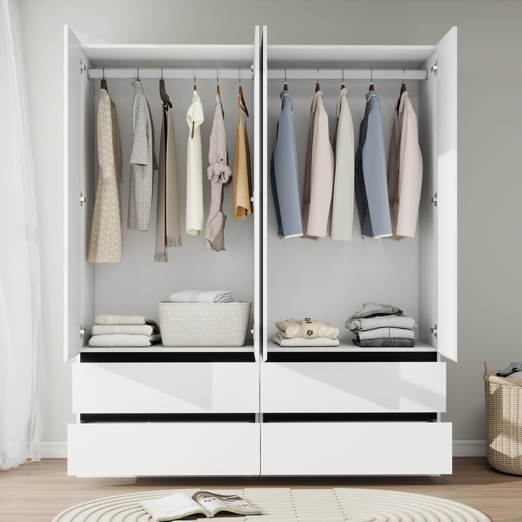 Armoire Wardrobe Closet with Drawers:75" Large White Wardrobe Closet Cabinet with 4 Doors for Hanging Clothes, Modern
