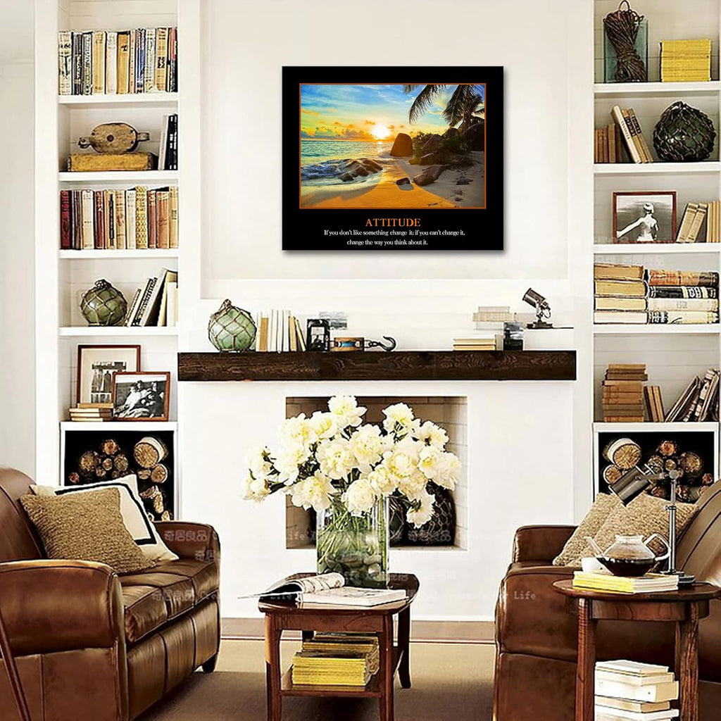 Motivational Self Positive Office Quotes Inspirational Attitude Poster Beach Sunset Seascape Picture Canvas Prints