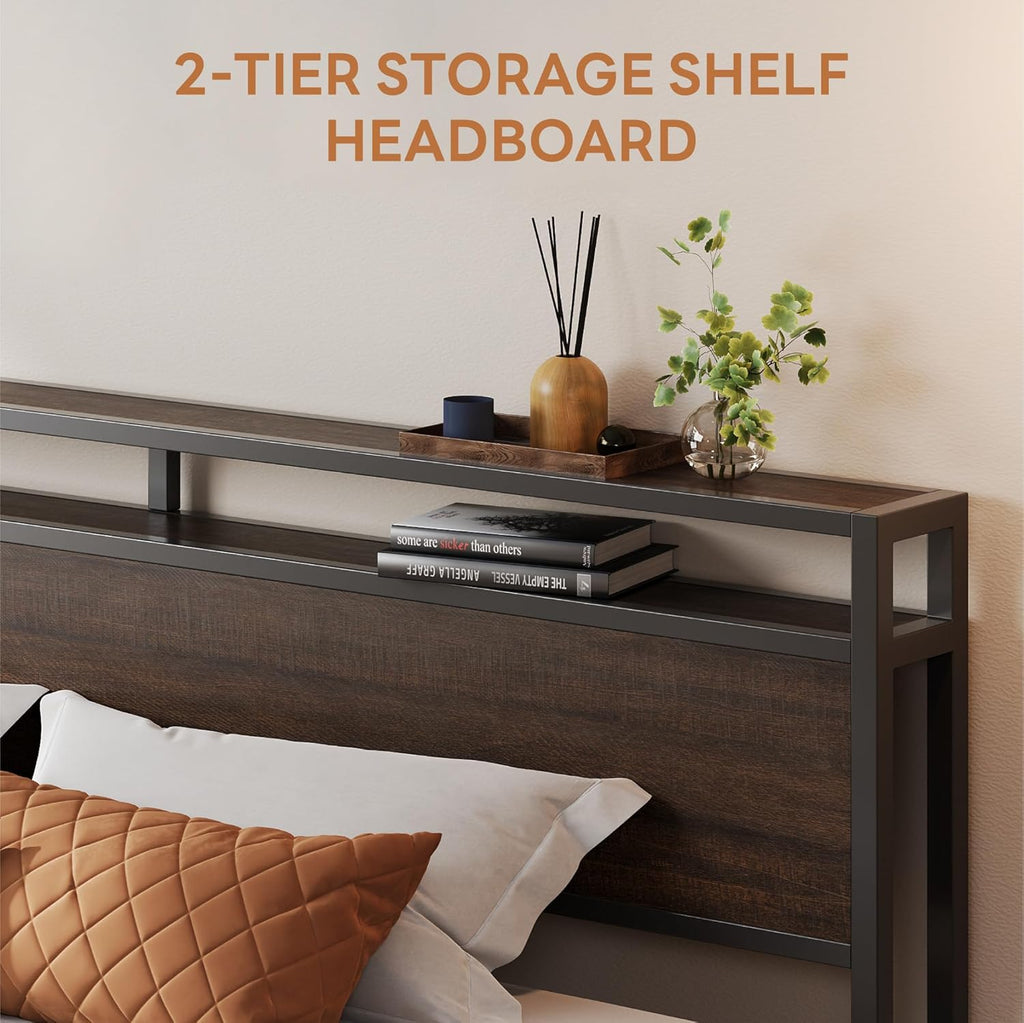 King Bed Frame with Headboard, Dark Wood Camas King with Strong Supports, Sturdy, Noise-Free, No Box Spring Needed