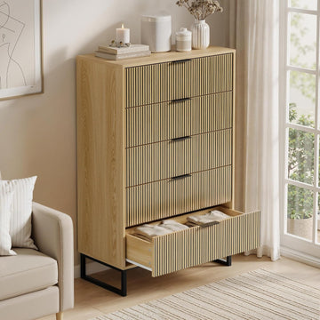 Tall 5 Drawers Dresser , Natural Wood Dresser with Metal Handle, 49.2'' Chest of Drawers Modern Drawer Organizer with