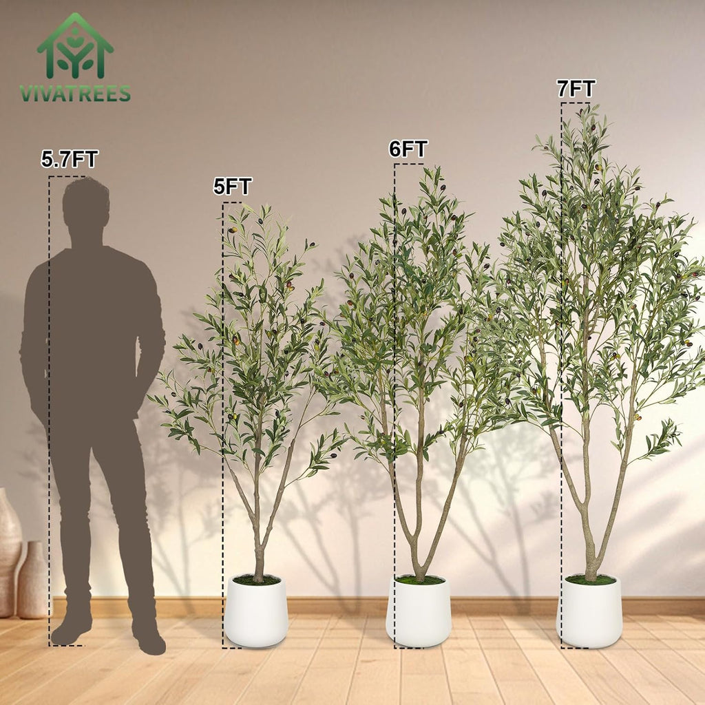 Olive Trees Artificial Indoor, 7FT Tall Faux Olive Tree with White Tall Planter, Artificial Plants with Natural Wood