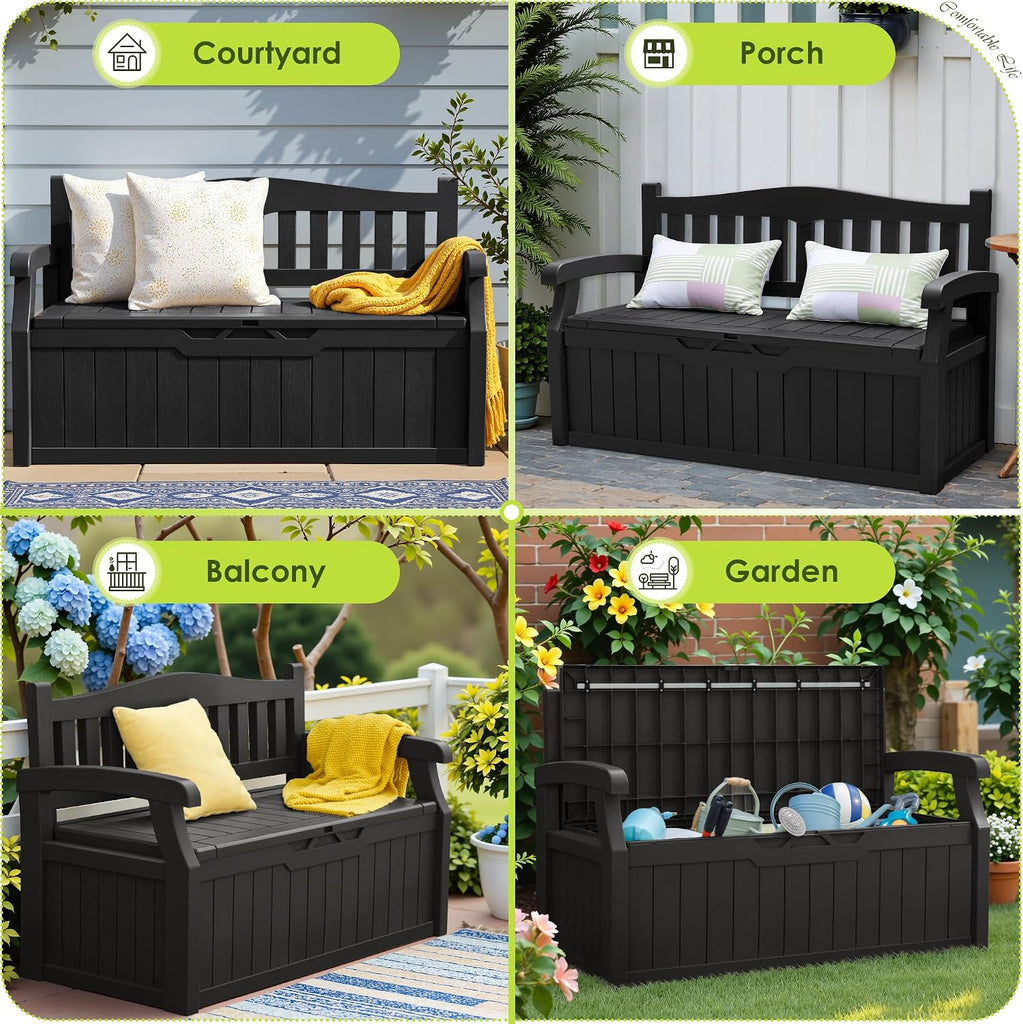 80 Gallon Outdoor Storage Bench, Deck Box, Dark Black | Weather-Resistant Patio Furniture Bench for Backyard, Garden