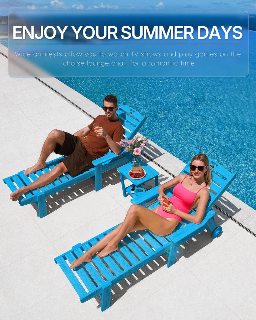 Patio Chaise Lounge Chair Outdoor with Wheels, Oversize Patio Lounge Chairs with Wood Texture, HDPE 6-Position