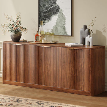 67" Fluted Walnut Buffet Cabinet Sideboard with Storage, Large Credenza with 6 Doors