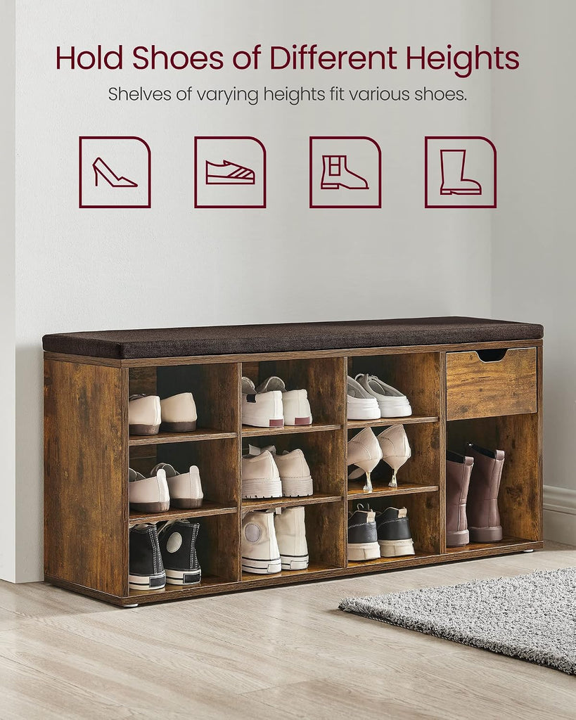 Storage Bench, Entryway Bench with Cushion, Drawer and Open Compartments, Bench with Storage, Living