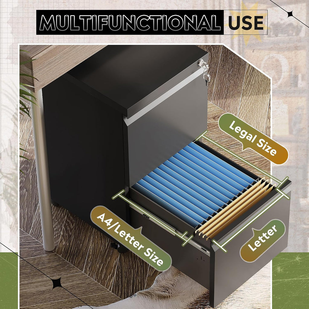 2 Drawer Metal File Cabinet, Fully Assembled Filing Cabinet | Under Desk Mobile File Cabinet with Lock , Fits