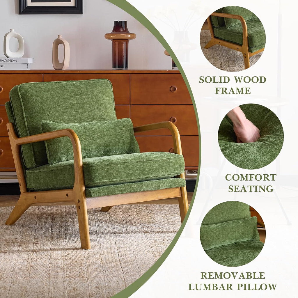 Mid Century Modern Accent Chair with Lumbar Pillow & Oak Arms - Plush Chenille Living Room Chair , Lounge (Olive