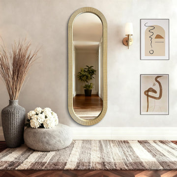 Gold Oblong Wood Mirror, 47X16 Inch Hand Carved Solid Wood Capsule Frame Oval Mirror for Wall Mount, Farmhouse Boho