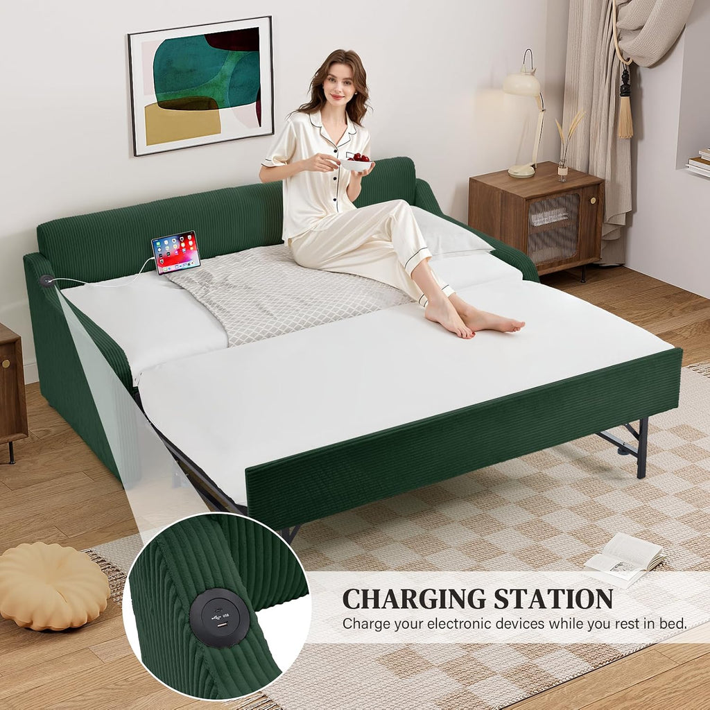 Twin-to-King Daybed with Pop-Up Trundle, USB Port, Corduroy, Green | Twin-to-king daybed with pop-up trundle