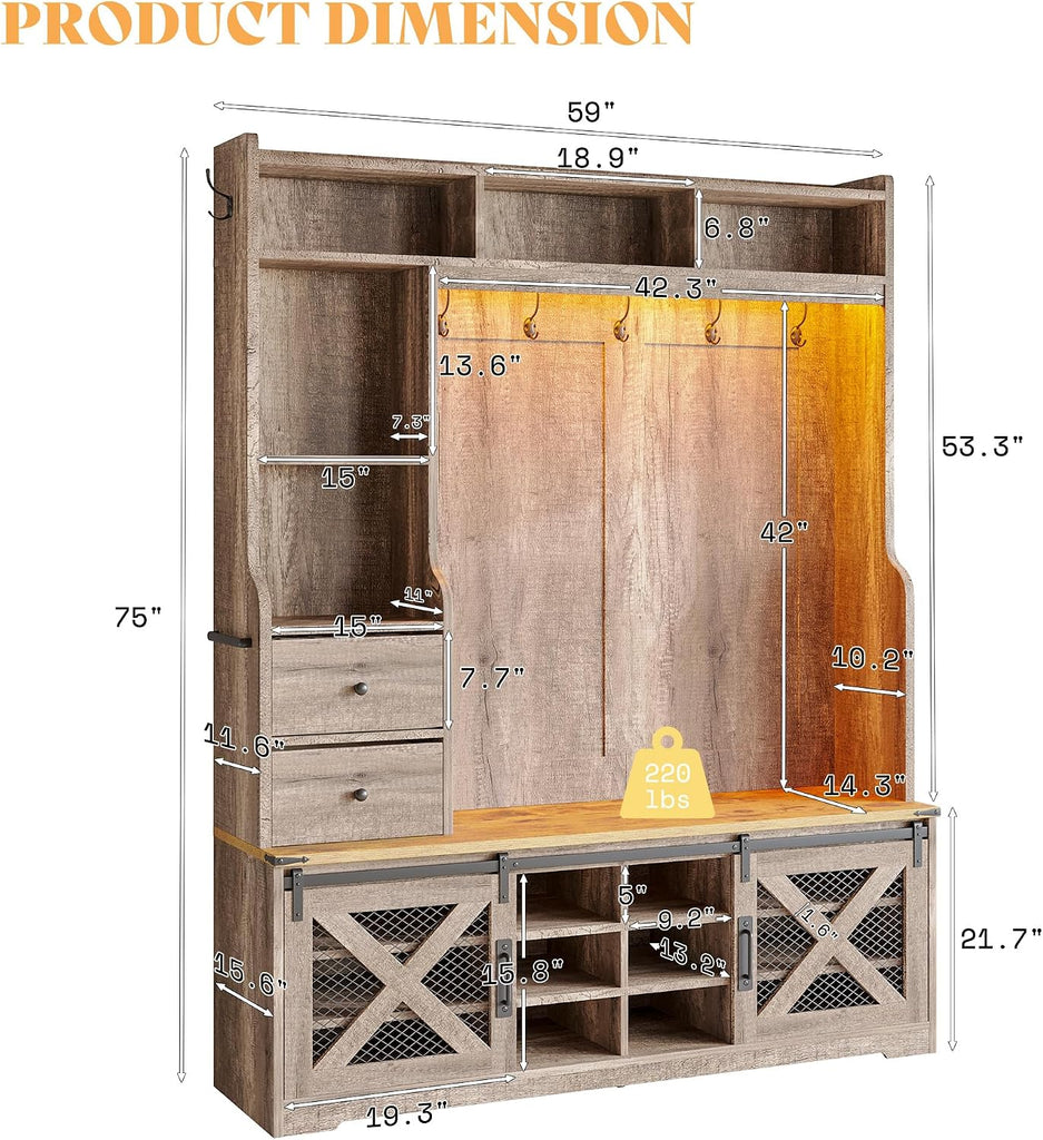 75"H 7-in-1 Farmhouse Hall Tree with Bench and shoe storage, LED Entryway Bench with Coat Rack, 12 Shoe Cubbies, 2