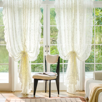 Ruffle Curtains 2 Panels - Vintage Tulle Floral Lace Cream Sheer Curtains 84 Inches Long, Shabby Chic Decor, Rod