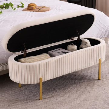 45.5" Ivory White Storage Bench with Gold Legs , Velvet | Upholstered, /Living Room/Window/Entryway, End of Bed
