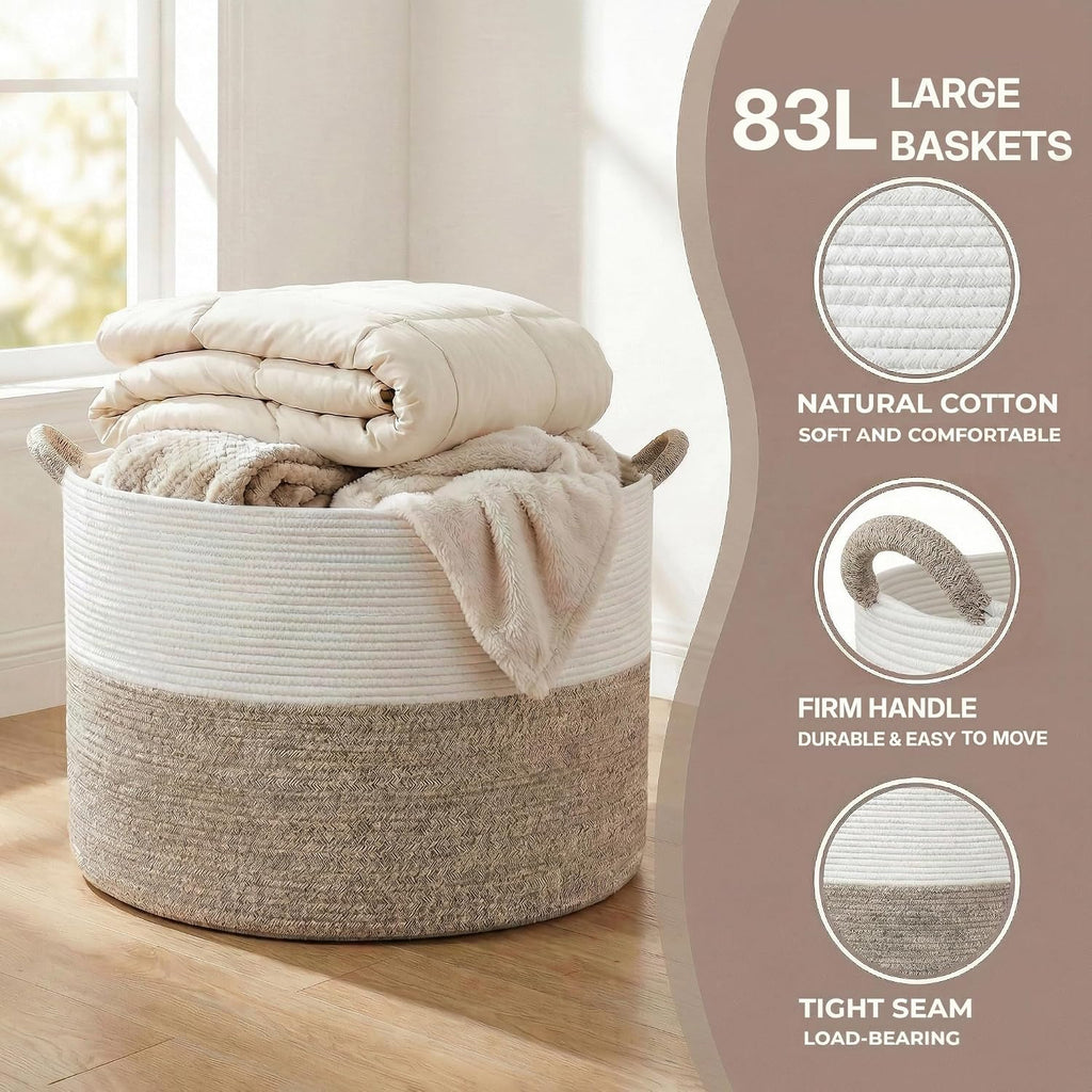 Large Blanket Basket , 21.7" x 13.8" Woven Cotton Rope Laundry Hamper for Pillows, Towels & Toy Storage - Decorative