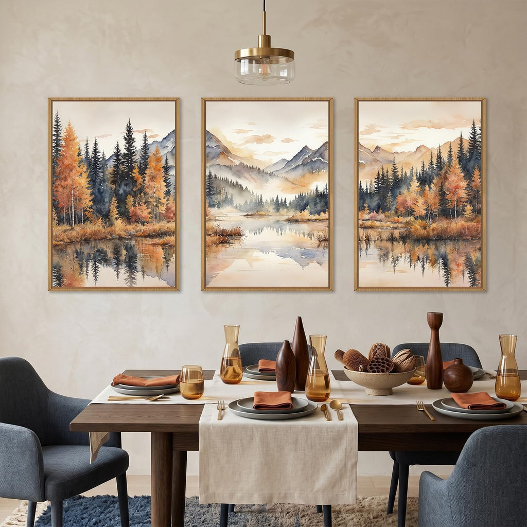 Large Neutral Mountain Framed Canvas Wall Art,Nature Foggy Forest Wall Decor,Watercolor Autumn Landscape Wall