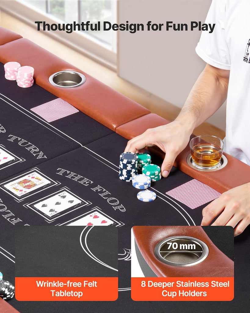 Foldable Poker Table, 8 Player 72 in Folding Casino Leisure Table with Padded Rails and Cup Holders, Oval Portable