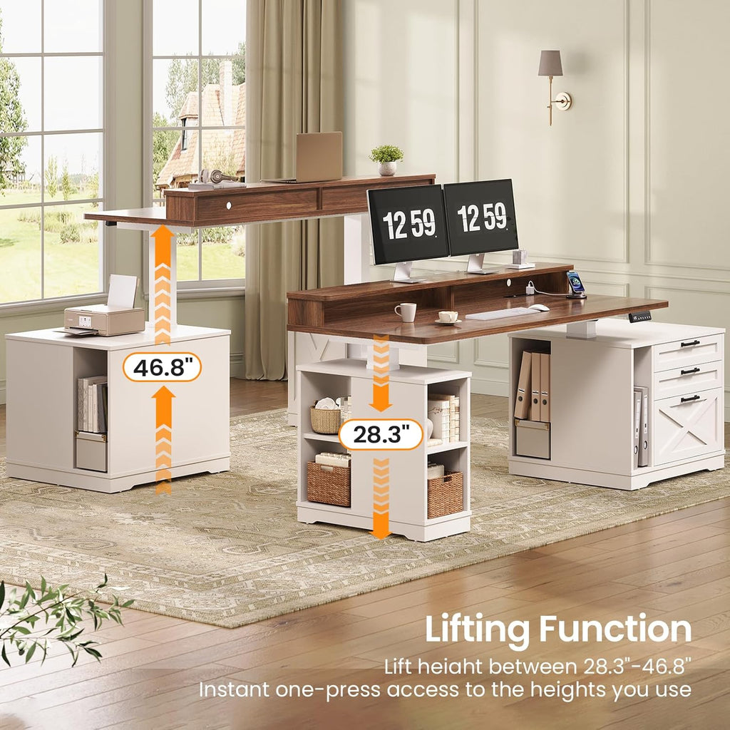 Farmhouse Electric Standing Desk, 55" Height Adjustable Computer Desk with 3 Drawers, File Cabinet, Storage Shelves