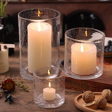 Hurricane Candle Holder Set of 3 Clear Candle Holders for Pillar Candles, Seeded Bubbles Glass Candle Holder for