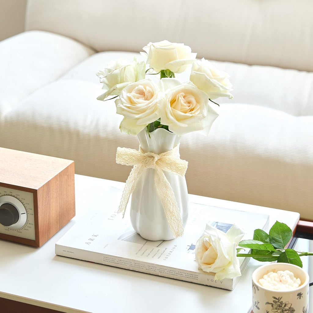 White Ceramic Flower Vase, 8'' Modern Decorative Vases Minimalism Boho Vases