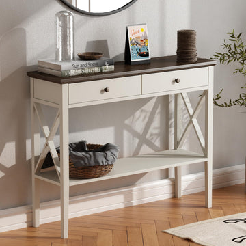 39" Farmhouse Entryway Table with Drawers and Storage Shelf