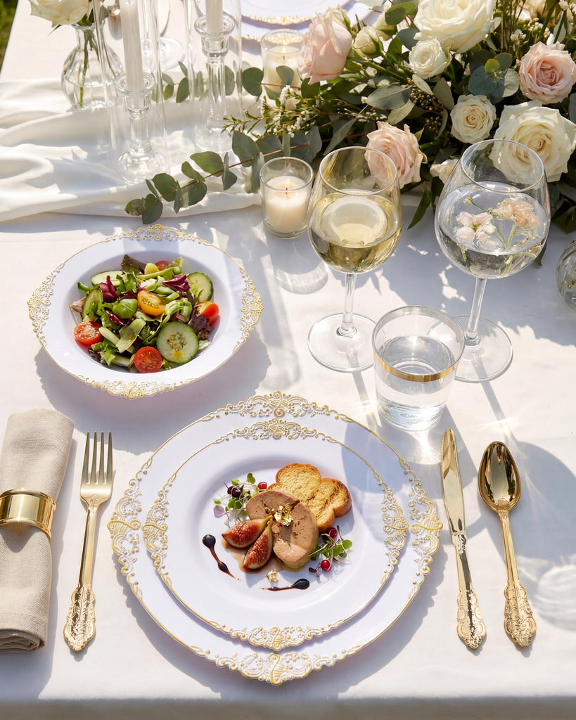 700Pcs Gold Plastic Plates, Plastic Dinnerware Set for 100 Guests