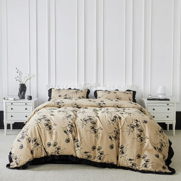 Black Floral Ruffle Duvet Cover 100% Cotton 3 Pcs Set