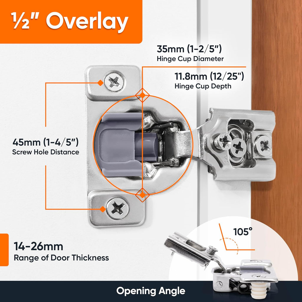 50 Pack(25 Pair) 1/2" Overlay Soft Close Cabinet Hinges & Bath - Concealed Soft Close Hinge Door w Self Closing Damper