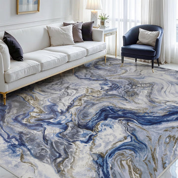 Abstract 9'x12' Area Rug, Washable Non-Slip Low Pile, Marble Blue