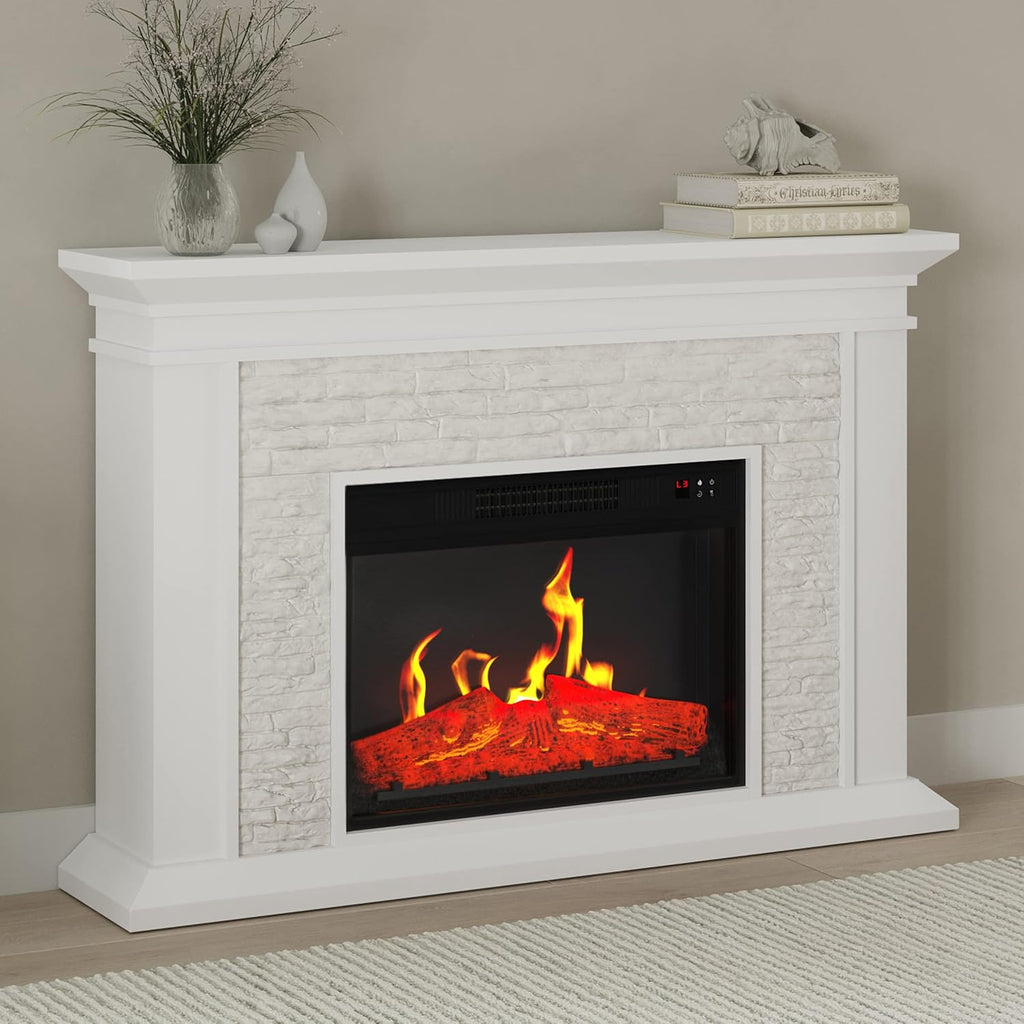Electric Fireplace with Mantel - Freestanding Heater with Remote Control, Light-Adjustable LED Flames, and Faux Logs