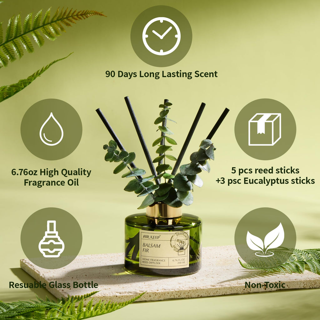 Reed Diffuser Set with 6.76 fl oz Balsam Fir Scent Essential Oils and 3 Leaves & 8 Diffuser Sticks, Bathroom Shelf