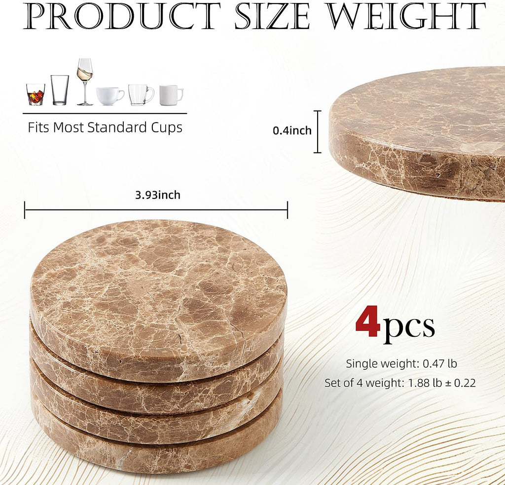 Natural Marble Coaster.Round Drinks Coasters,Non-Ceramic/Non-Resin - Set of 4