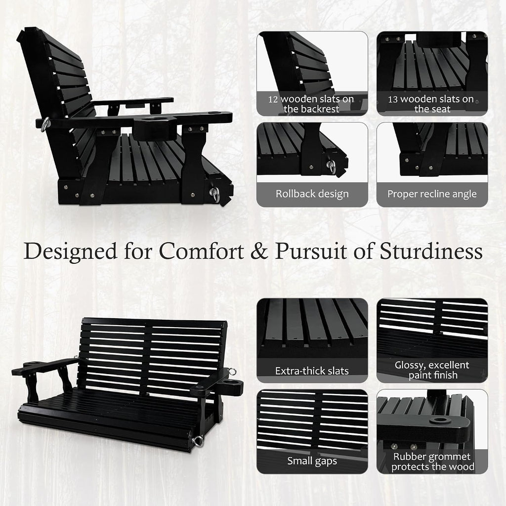 Wooden Porch Swing 2-Seater, High Backrest and Deep Seat, Bench Swing with Cupholders, Hanging Chains and 7mm