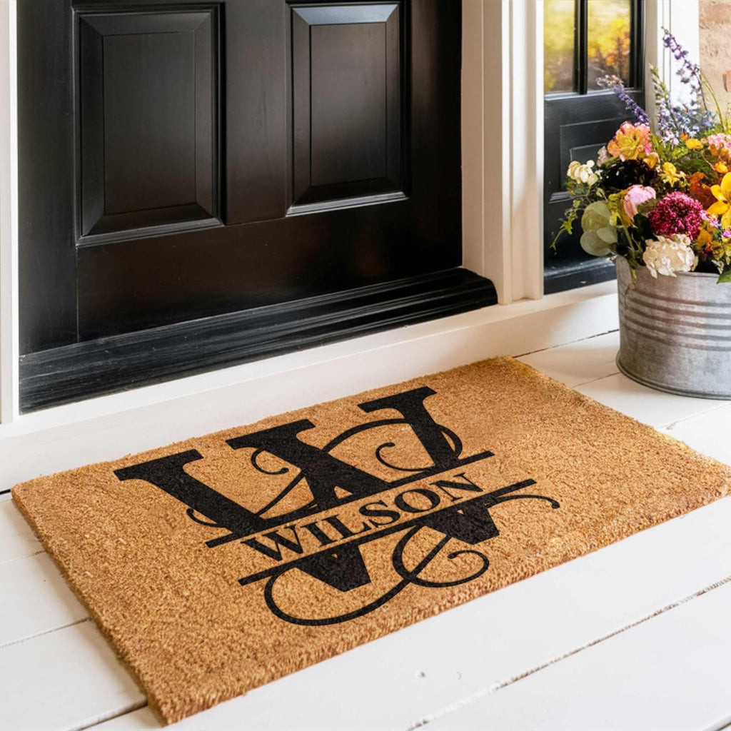 Personalized Split Monogram Coir Doormat 24x36 - Custom Front Door Mat | natural coconut husk, 3/4in thick, printed