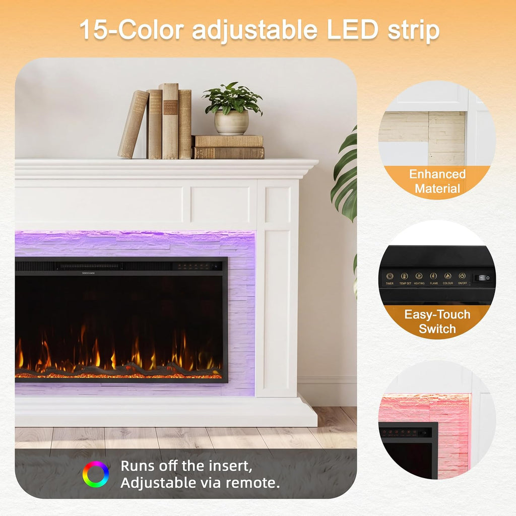 69" Electric Fireplace with Mantel, Freestanding Fireplace Console with 42" Insert for Livingroom/Bedroom, Realistic