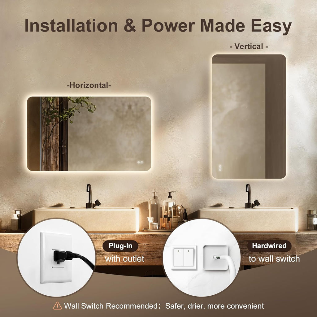 36''x24'' Backlit LED Mirror for Bathroom Rectangular Frameless Wall Mirror with Light Rounded Corners