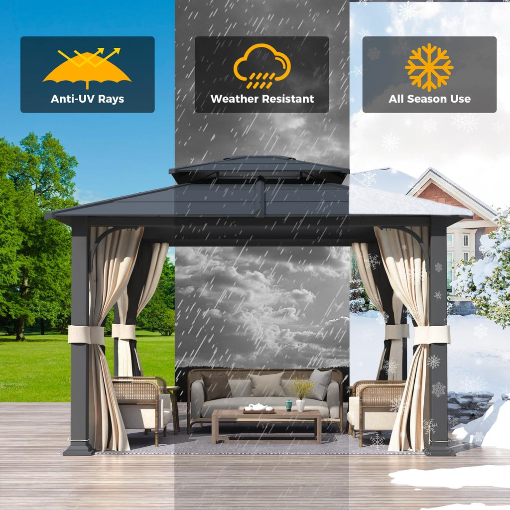10'x12' Gazebo with Galvanized Steel Roof, Hardtop Double Roof with Anti-Rust Coating
