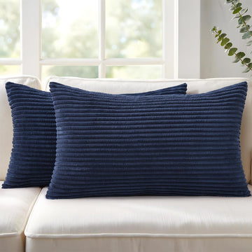 Corduroy Decorative Throw Pillow Covers 12x20 Set of 2 Deep Blue