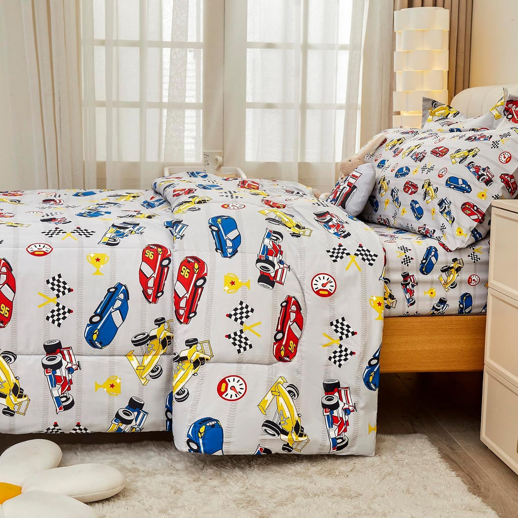 Comforter Sets for Boys Kids, 6 Pieces Bed in a Bag Racing Car Bedding Comforter Sheet Set with Shams and