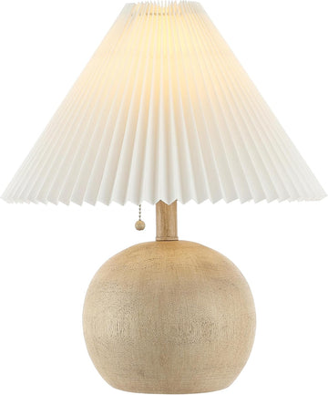 17.25" Beige Wood Finish/White Sphere Table Lamp, Mid-Century Bedside Nightstand with Beige Pleated 
