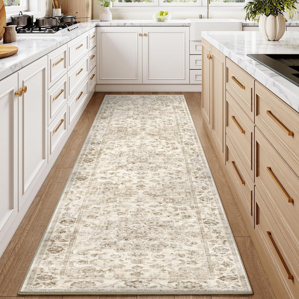 2x8 Washable Neutral Runner Rug Beige Vintage Hallway Kitchen Carpet Non-Slip Soft Low Pile Farmhous
