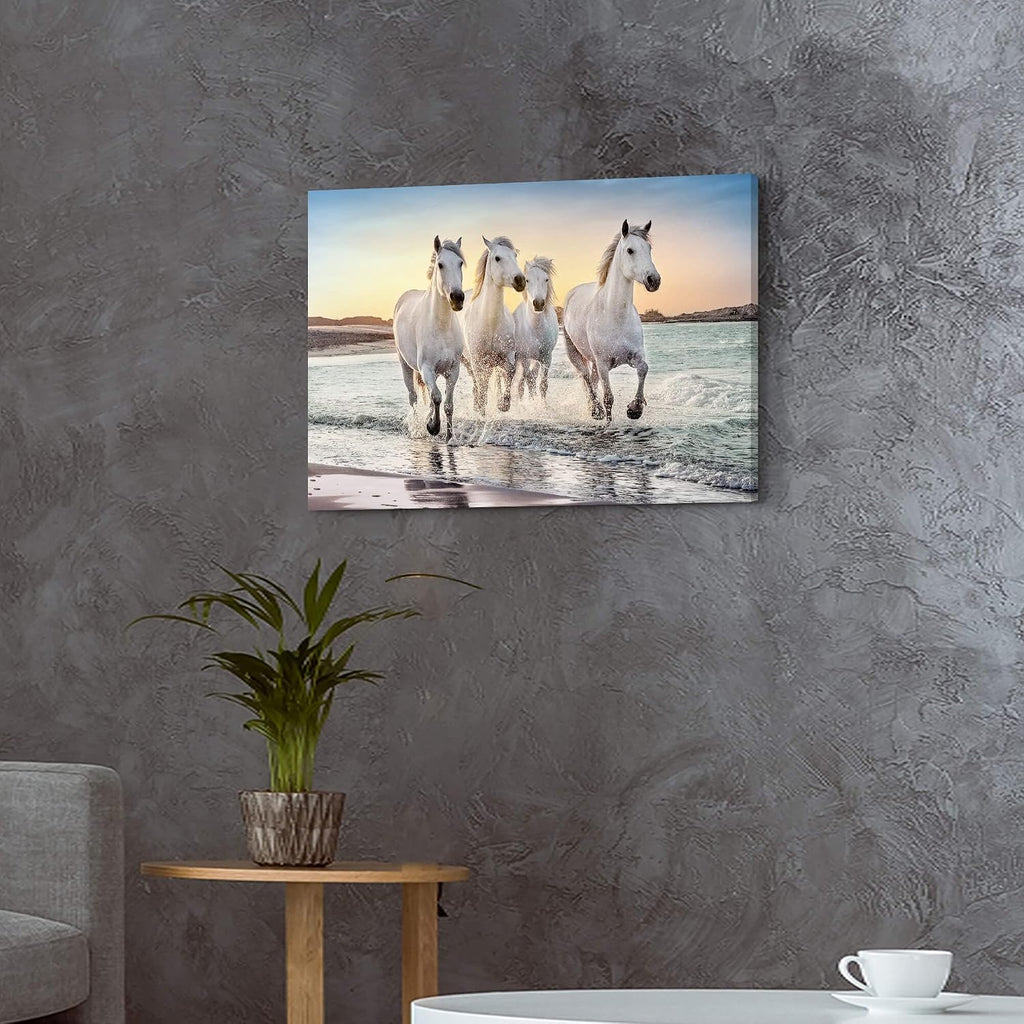 Beach Horse Canvas Wall Art: White Elegant Equines Photo Prints Graceful Seaside Animals Office Painting Ocean Steeds