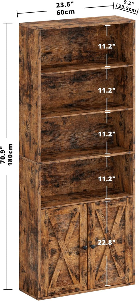 Industrial Bookshelves and Bookcases with Doors Floor Standing 6 Shelf Display Storage Shelves 70 in Tall Bookcase
