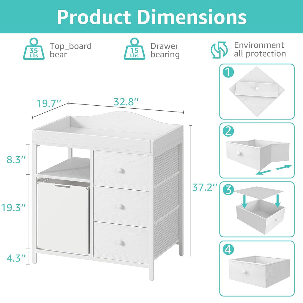 White Changing Table with 3 Fabric Drawers and Laundry Hamper, Baby Dresser with Changing Table Top, Nursery Diaper