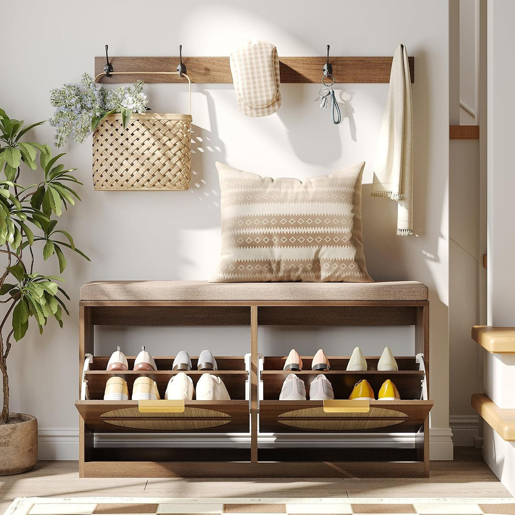 Rattan Entryway Bench with Seat Cushion & Coat Rack, Shoe Storage Cabinet with 2 Flip Drawers, Narrow Shoe Rack, 5