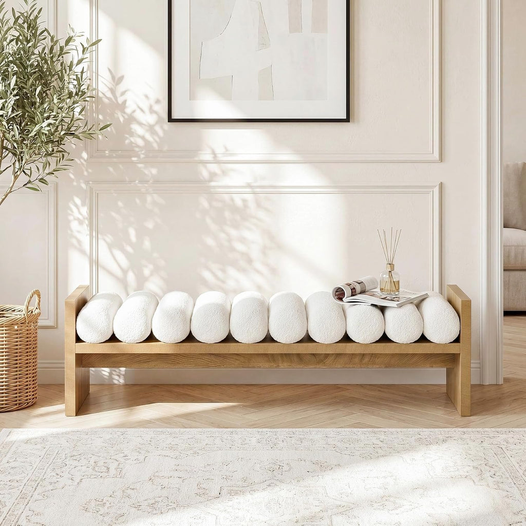 59'' Wooden Entryway Bench with Boucle Cushion, Upholstered Fabric End of Bed Bench, Aesthetic Large Oval Ottoman