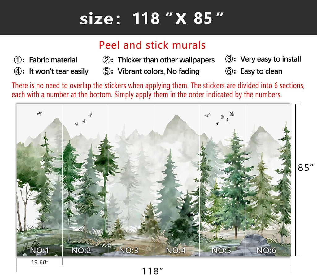 Peel and Stick Nursery Forest Wallpaper Watercolor Pine Tree Mural | Tear-resistant,with a substantial feel;Will not