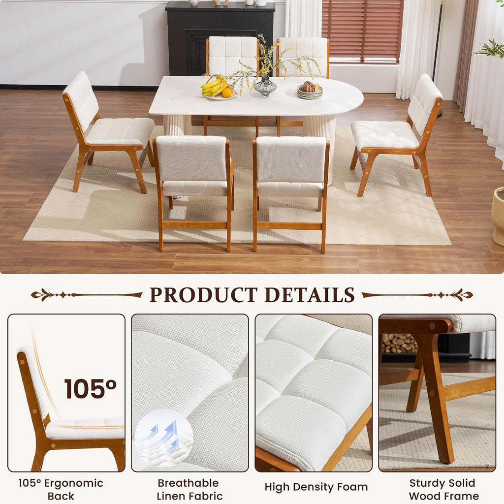 Oak Wooden Dining Chairs Set of 2, Mid-Century Modern Linen Fabric Upholstered Kitchen