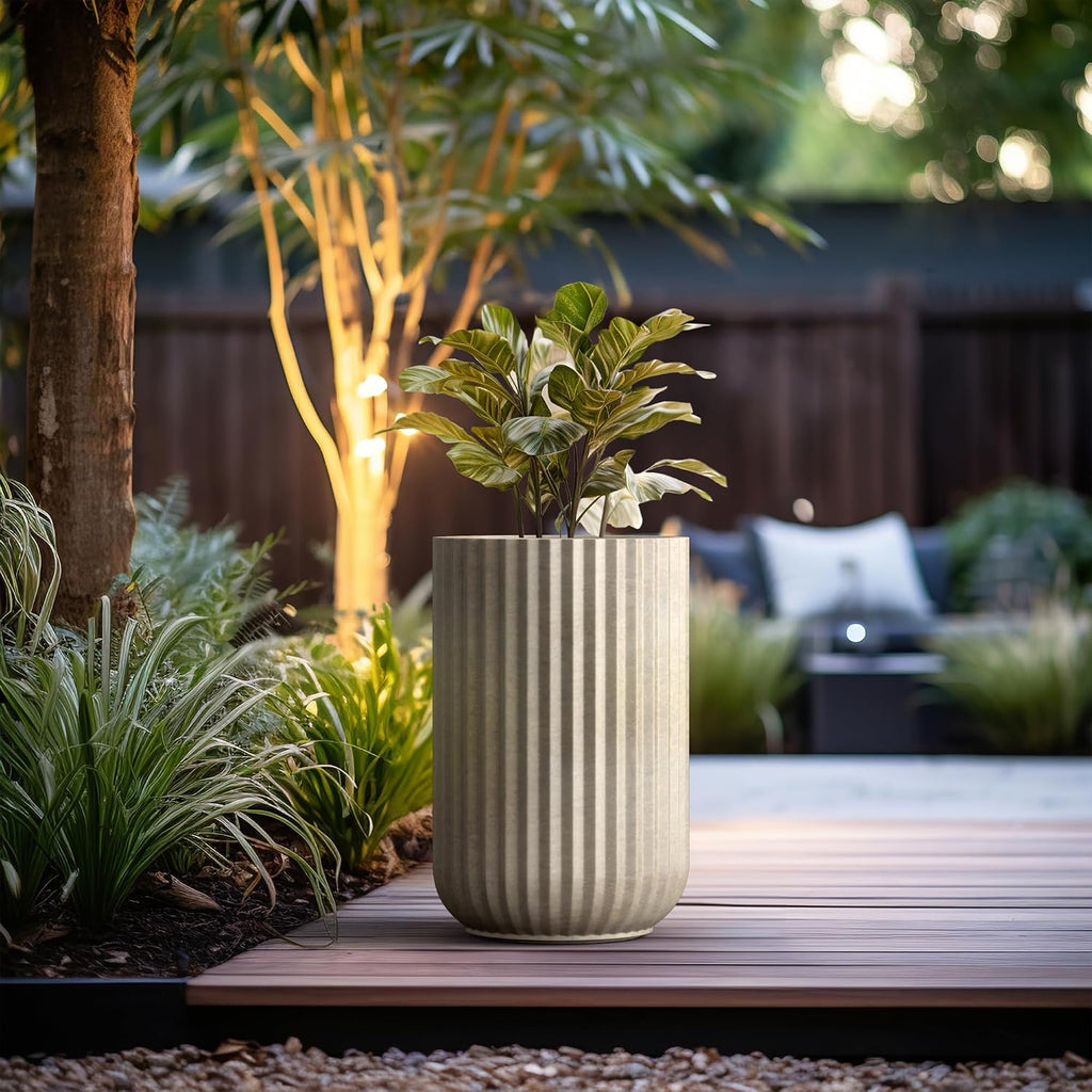 Large Round Column Weathered Concrete Planter 21.7" Tall, Outdoor | Fluted, Rubber Plug for Indoor, Drainage for