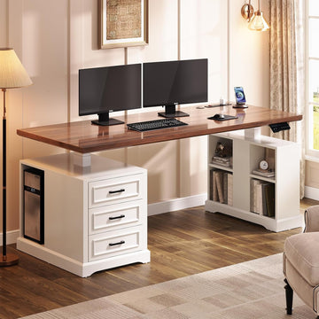 Farmhouse Electric Standing Desk, 63" Height Adjustable Computer Desk with 3 Drawers, Storage Shelves, Power Outlets