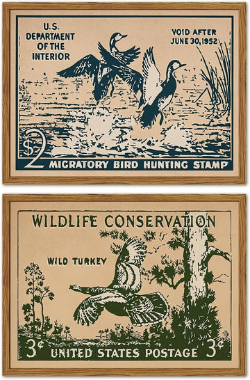 Framed Vintage Wildlife Stamp Wall Art Set of 2, Retro Conservation Duck and Wild Turkey Pictures Wall Decor, Rustic