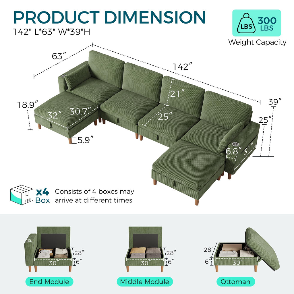 142" Modular Sectional Sofa with Storage, 4-Seat Cloud Couch with 2 Movable Ottoman & 2 Pillows, Corduroy Deep Seat